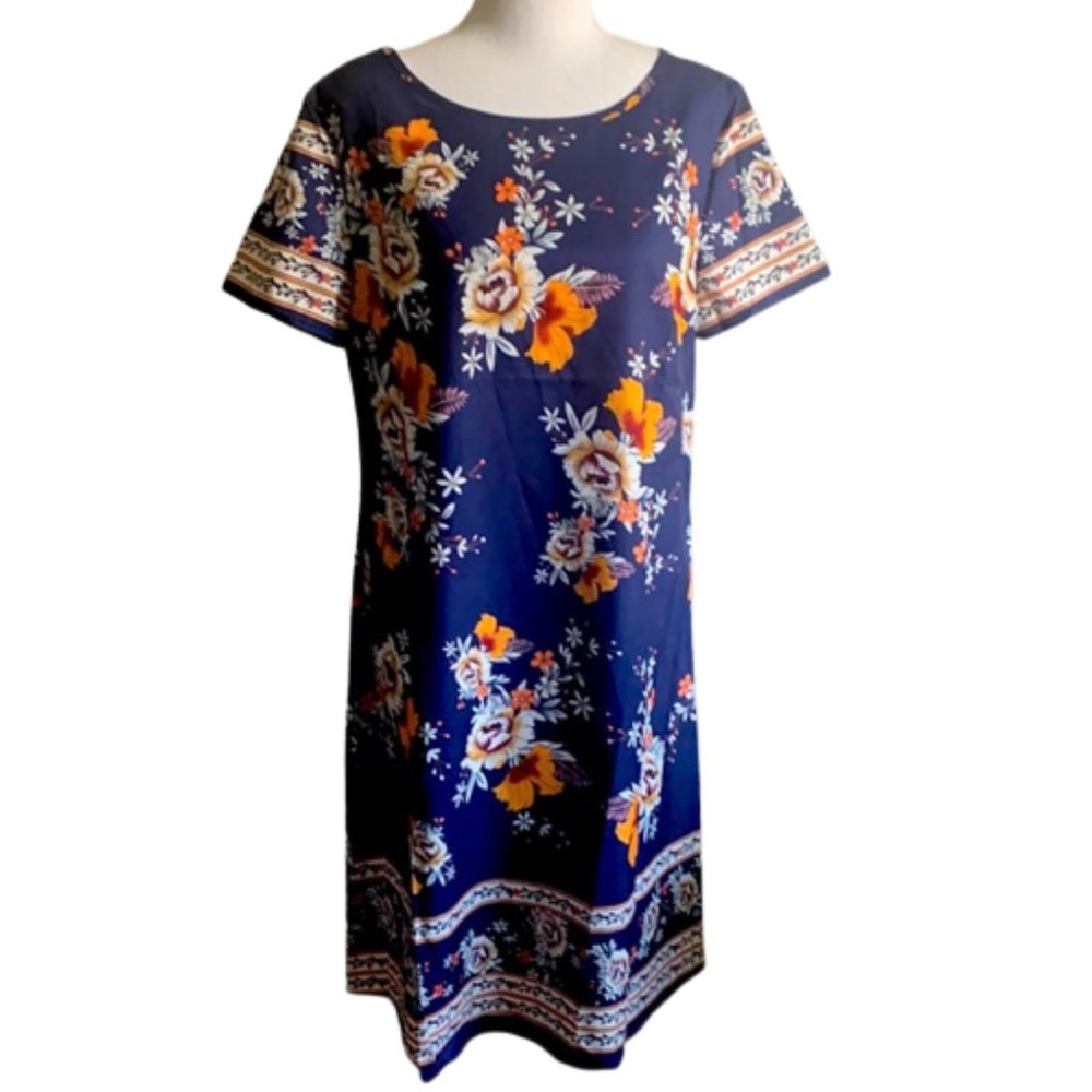 Floral Print Crew Neck Dress for women, Casual Short Sleeve Size XL